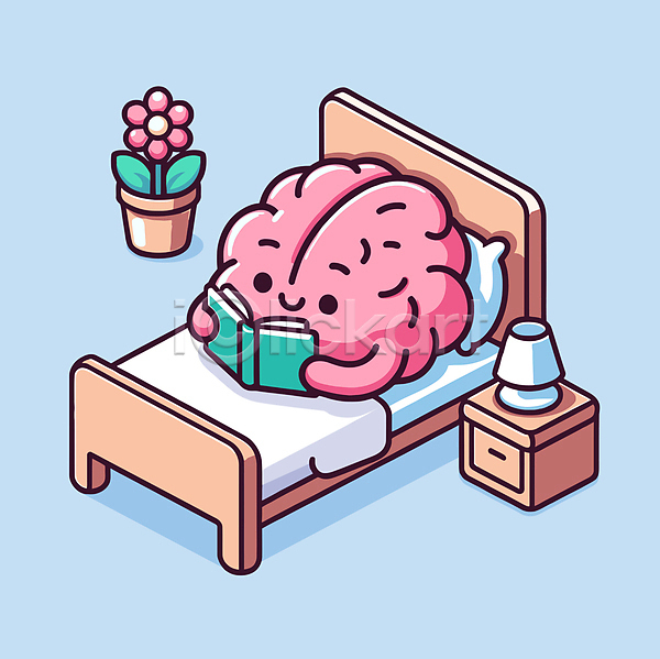편안함 휴식 사람없음 AI(파일형식) 일러스트 꽃 뇌 도파민 독서 디톡스 분홍색 수면등 책 취미 침대 캐릭터 하늘색 화분