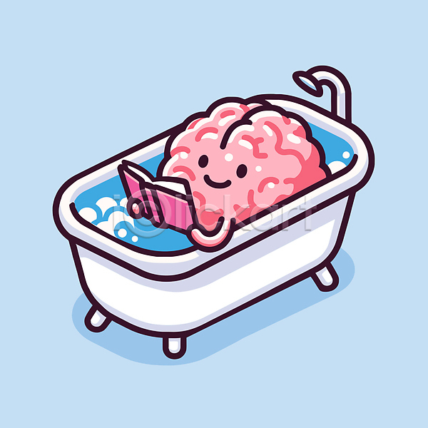 편안함 휴식 사람없음 AI(파일형식) 일러스트 뇌 도파민 독서 디톡스 목욕 분홍색 욕조 책 캐릭터 하늘색