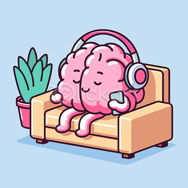 휴식 사람없음 AI(파일형식) 일러스트 게임 뇌 도파민 디톡스 분홍색 소파 음악 음악감상 취미 캐릭터 하늘색 헤드폰 화분