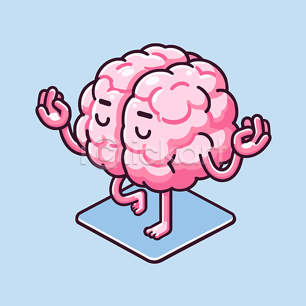 평화 휴식 사람없음 AI(파일형식) 일러스트 건강 뇌 도파민 디톡스 명상 분홍색 요가 차분 캐릭터 하늘색 한발서기