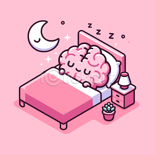 편안함 휴식 사람없음 AI(파일형식) 일러스트 뇌 달 도파민 디톡스 분홍색 서랍장 수면 수면등 야간 잠 침대 캐릭터 화분