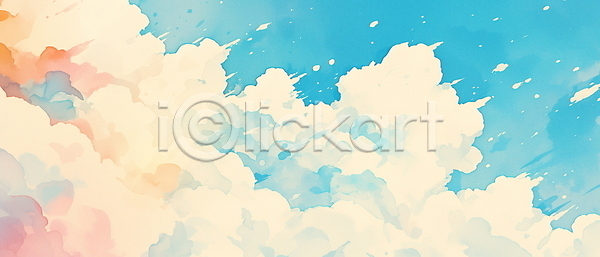 사람없음 JPG 일러스트 구름(자연) 맑음 백그라운드 색채 수채화(물감) 아침 자연 파란색 하늘