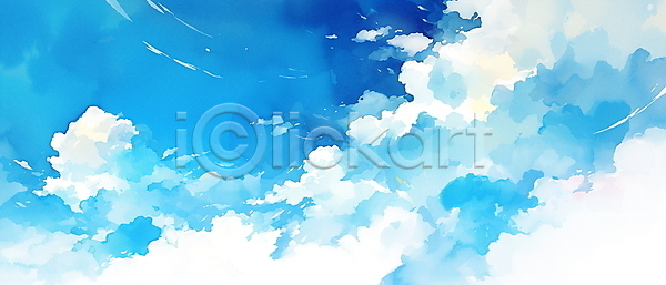 사람없음 JPG 일러스트 구름(자연) 맑음 백그라운드 수채화(물감) 자연 파란색 하늘 흰색