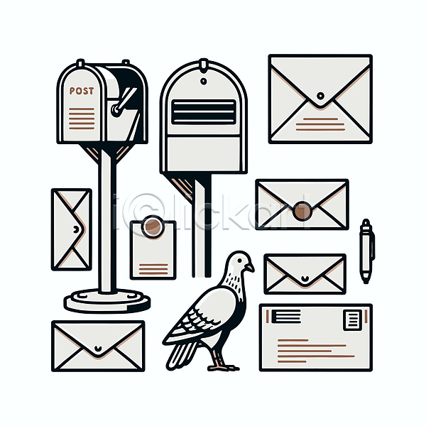 사람없음 AI(파일형식) 일러스트 디자인 베이지색 비둘기 엘리먼트 우체통 우표 이메일 전달 커뮤니케이션 통신 펜 편지 회색