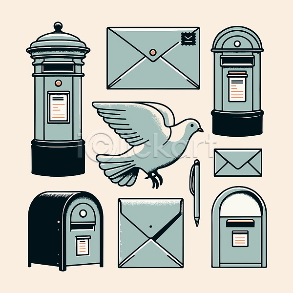 사람없음 AI(파일형식) 일러스트 디자인 비둘기 엘리먼트 우체통 이메일 커뮤니케이션 통신 펜 편지 편지봉투 하늘색