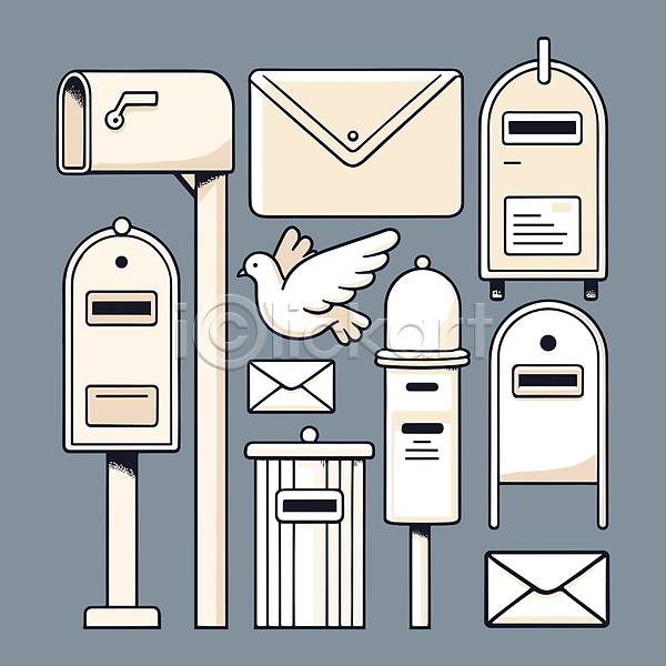 사람없음 AI(파일형식) 일러스트 디자인 베이지색 비둘기 엘리먼트 우체통 이메일 커뮤니케이션 통신 편지 편지봉투