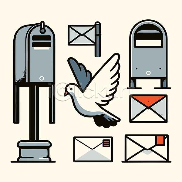 클래식 사람없음 AI(파일형식) 일러스트 디자인 비둘기 엘리먼트 우체통 이메일 커뮤니케이션 통신 편지 편지봉투