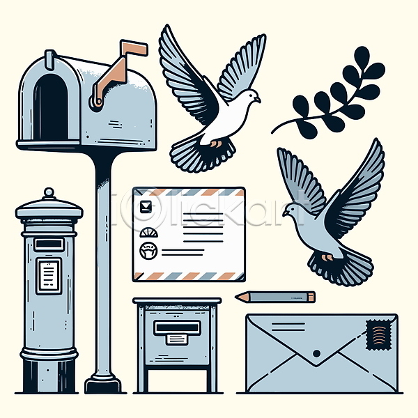사람없음 AI(파일형식) 일러스트 디자인 비둘기 엘리먼트 우체통 우편물 우표 이메일 잎 커뮤니케이션 통신 파란색 편지