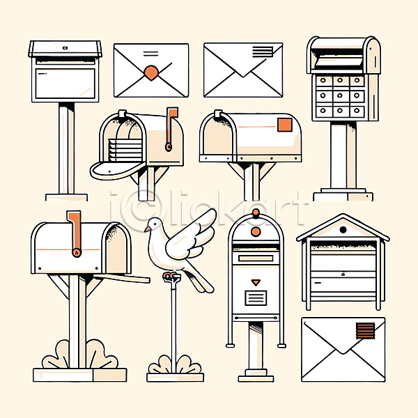 사람없음 AI(파일형식) 일러스트 비둘기 살구색 엘리먼트 우체통 이메일 주황색 커뮤니케이션 통신 편지 편지봉투