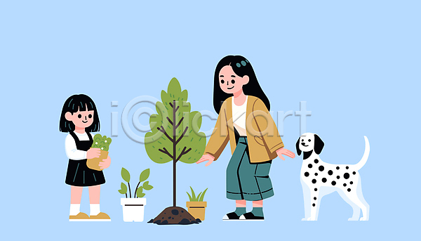 두명 성인 소녀(어린이) 어린이 여자 여자만 AI(파일형식) 일러스트 강아지 나무심기 달마시안 딸 묘목 반려견 식목일 엄마 자연 전신 친환경 파란색 한마리