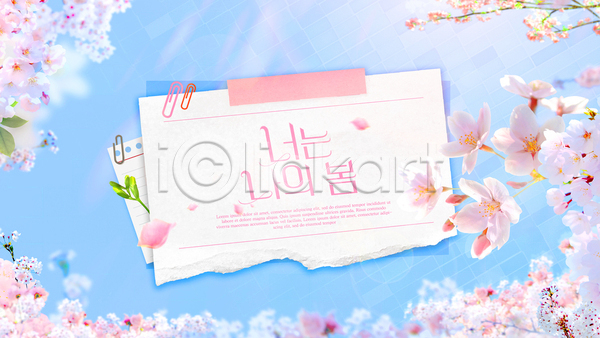 사람없음 PSD 템플릿 꽃 꽃잎 디자인 메시지 벚꽃 봄 분홍색 종이 카드(감사) 타이포그라피 테이프 편지 편집 하늘색 화사함