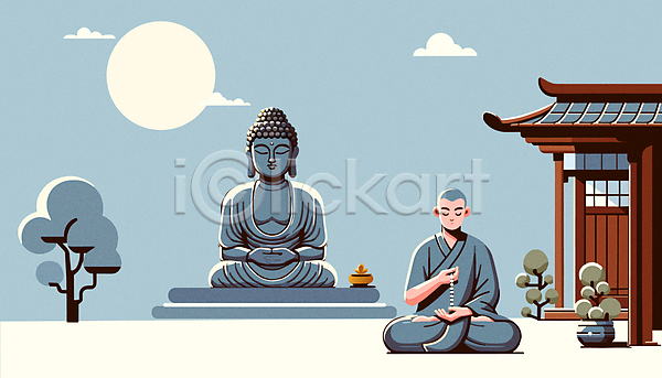 남자 성인 성인남자한명만 한명 AI(파일형식) 일러스트 구름(자연) 기도 나무 달 부처 부처님상 불교 사찰 승려 앉기 염주 전신 파란색