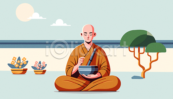 남자 성인 성인남자한명만 한명 AI(파일형식) 일러스트 구름(자연) 기도 꽃 나무 불교 사찰 싱잉볼 앉기 전신 차분 태양 화분