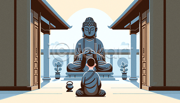 남자 성인 성인남자한명만 한명 AI(파일형식) 일러스트 기도 부처 부처님상 불교 사찰 승려 앉기 전신