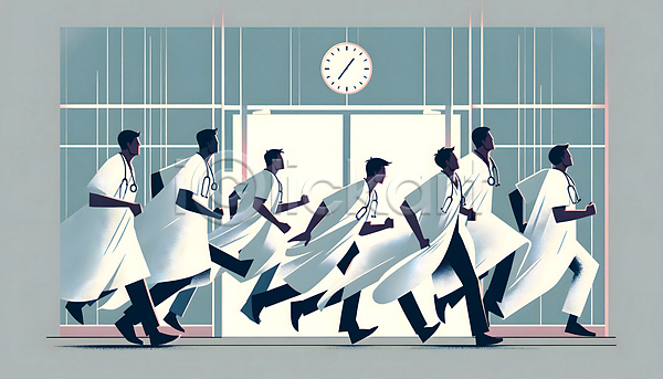 사회이슈 탈출 남자 성인 성인남자만 여러명 JPG 디지털합성 편집이미지 달리기 백그라운드 병원 시위 의료진 의사 의학 집회 파업 편집소스