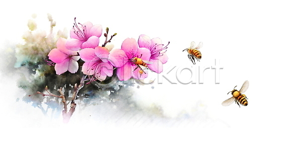사람없음 PSD 일러스트 꿀벌 나뭇가지 번짐 봄 세마리 진달래 풀(식물) 화초