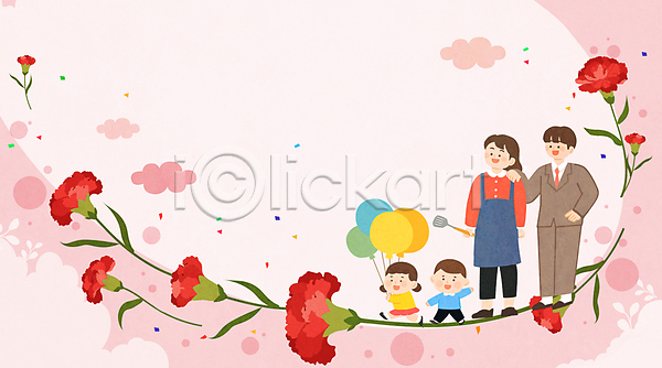 남자 성인 소녀(어린이) 소년 어린이 여러명 여자 PSD 일러스트 꽃가루 뒤집개 부모 분홍색 어깨에손 응원 잎 전신 카네이션 풍선