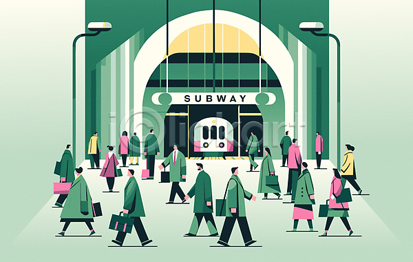 남자 성인 성인만 여러명 여자 AI(파일형식) 일러스트 걷기 대중교통 라이프스타일 비즈니스 일상 전신 전철 전철역 직장인 초록색 출근