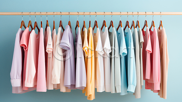 사람없음 JPG 디지털합성 편집이미지 계절 반팔티셔츠 봄 셔츠 옷 옷걸이 일렬 파스텔톤