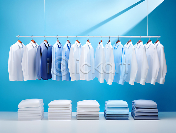 사람없음 JPG 디지털합성 편집이미지 계절 봄 셔츠 쌓기 옷 옷걸이 일렬 장롱 파란색 흰색