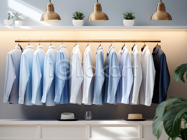 사람없음 JPG 디지털합성 편집이미지 계절 드레스룸 봄 셔츠 옷 옷걸이 일렬 파란색 흰색