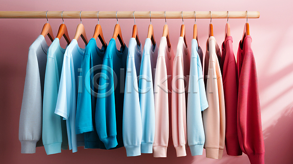 사람없음 JPG 디지털합성 편집이미지 계절 봄 분홍색 옷 옷걸이 일렬 파란색