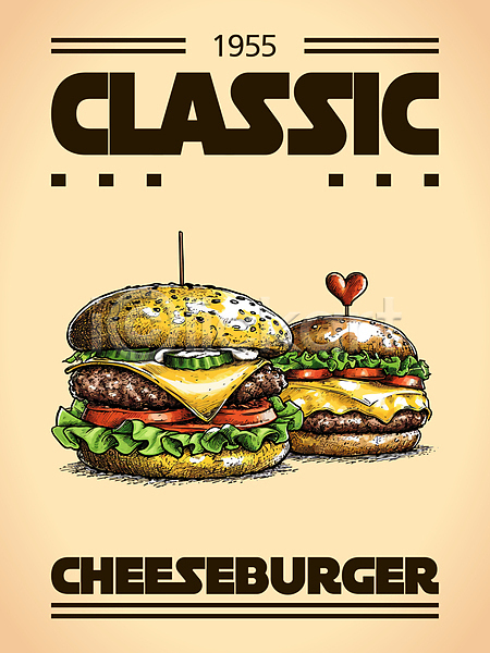 클래식 사람없음 AI(파일형식) 일러스트 그림자 꼬치 스케치 치즈버거 포스터 하트 햄버거