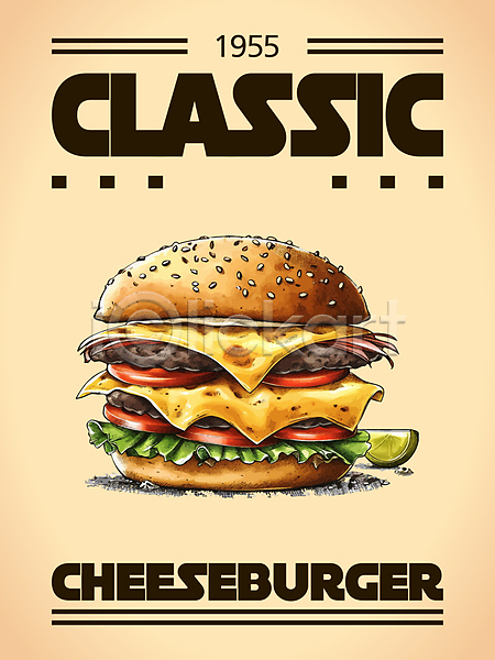 클래식 사람없음 AI(파일형식) 일러스트 그림자 라임 스케치 치즈버거 포스터 햄버거