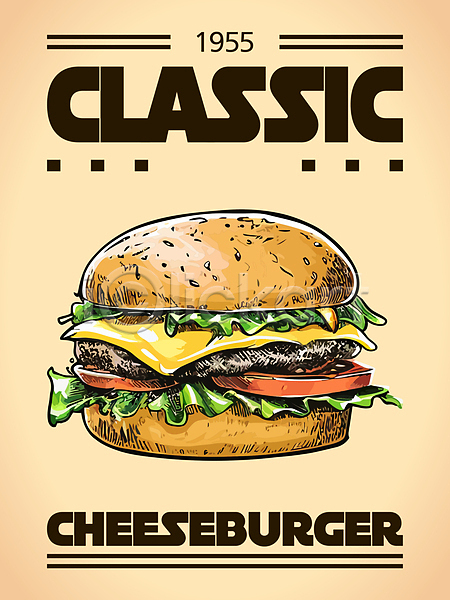 클래식 사람없음 AI(파일형식) 일러스트 스케치 치즈버거 포스터 햄버거