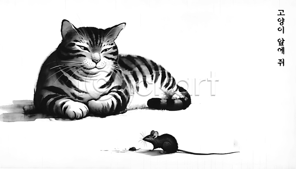 사람없음 PSD 디지털합성 편집이미지 고양이 먹 백그라운드 속담 수묵화 웅크림 응시 쥐 편집소스