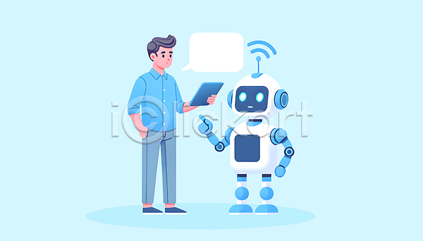미래 소통 남자 성인 성인남자한명만 한명 JPG 편집이미지 AI(인공지능) 대화 들기 로봇 말풍선 전신 정보기술 커뮤니케이션 태블릿 파란색