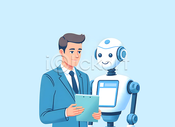 미래 소통 남자 성인 성인남자한명만 한명 JPG 편집이미지 AI(인공지능) 대화 들기 로봇 문서 비즈니스 상담 상호작용 서류판 소프트웨어 정보기술 커뮤니케이션 파란색 파트너십