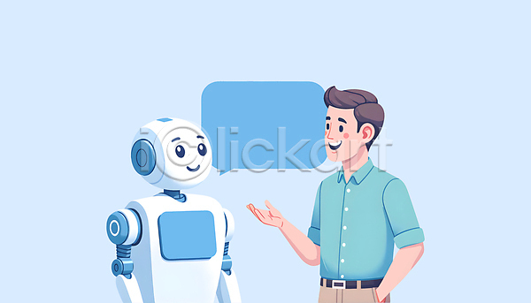 미래 소통 남자 성인 성인남자한명만 한명 JPG 편집이미지 AI(인공지능) 대화 로봇 말풍선 상호작용 소프트웨어 정보기술 커뮤니케이션 파란색