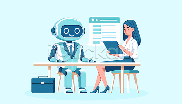 미래 소통 성인 성인여자한명만 여자 한명 JPG 편집이미지 AI(인공지능) 대화 로봇 문서 비즈니스 상담 상호작용 서류가방 소프트웨어 전신 정보기술 커뮤니케이션 태블릿 파란색