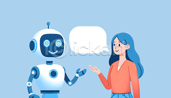 미래 소통 성인 성인여자한명만 여자 한명 JPG 편집이미지 AI(인공지능) 대화 로봇 말풍선 상호작용 소프트웨어 정보기술 커뮤니케이션 파란색