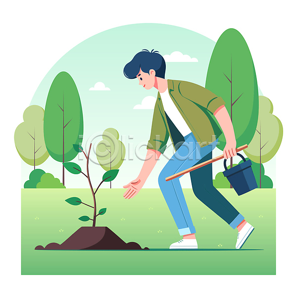 남자 성인 성인남자한명만 한명 AI(파일형식) 일러스트 구름(자연) 나무 나무심기 들기 막대기 모종 묘목 바구니 식목일 식물 전신 줄기 초록색 하늘 흙