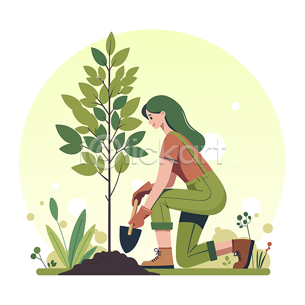 성인 성인여자한명만 여자 한명 AI(파일형식) 일러스트 나무 나무심기 나뭇잎 모종 묘목 무릎구부리기 삽 식목일 식물 잎 전신 초록색 흙