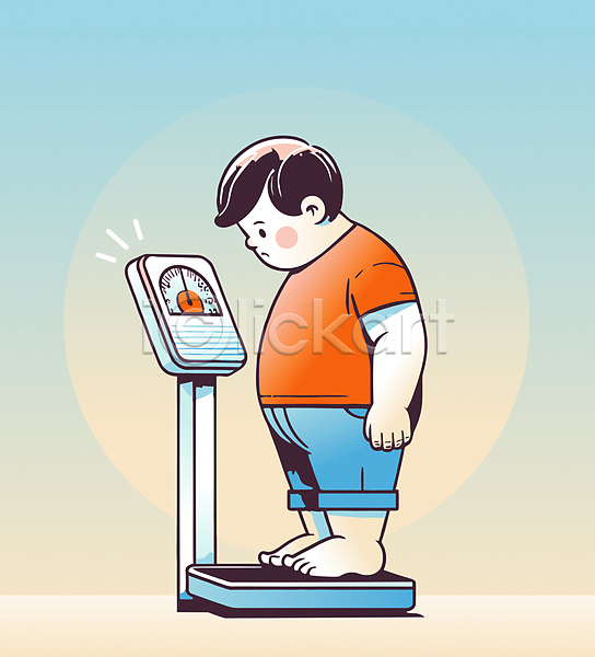 남자 소년 소년한명만 어린이 한명 AI(파일형식) 일러스트 건강 몸무게 비만 소아비만 의학 전신 체중계 파란색