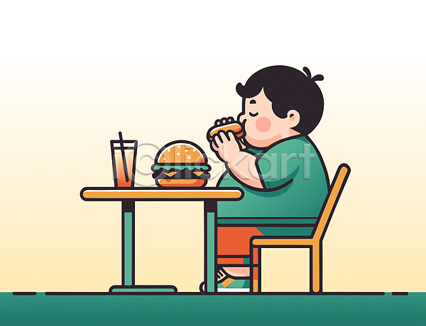 남자 소년 소년한명만 어린이 한명 AI(파일형식) 일러스트 건강 먹기 몸무게 비만 소아비만 식탁 앉기 음료 의자 의학 전신 초록색 햄버거