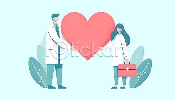 사랑 남자 두명 성인 여자 JPG 편집이미지 가방 나뭇잎 들기 의사 의학 전신 친절 하늘색 하트