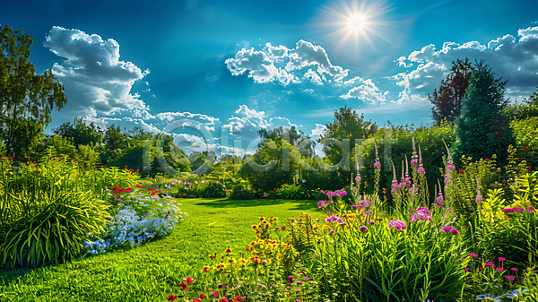 휴식 사람없음 JPG 디지털합성 편집이미지 구름(자연) 꽃 나무 자연 태양 풀(식물) 풍경(경치) 하늘 힐링