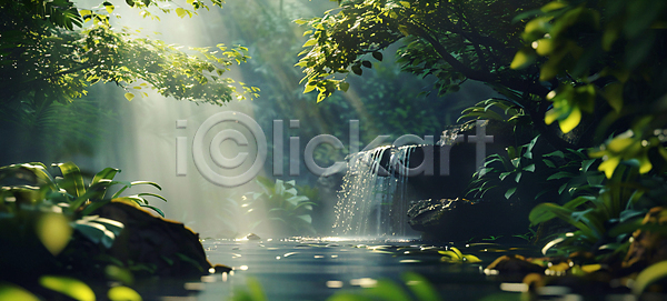 분위기 사람없음 JPG 디지털합성 편집이미지 나무 나뭇잎 물 숲 자연 폭포 풍경(경치) 햇빛 환경