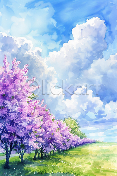 사람없음 JPG 편집이미지 구름(자연) 꽃 나무 라일락 보라색 봄 초원(자연) 풍경(경치) 하늘 하늘색