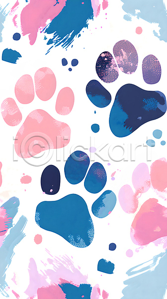사람없음 JPG 편집이미지 동물 발바닥 발자국 백그라운드 분홍색 붓터치 얼룩 파란색 패턴 페인팅