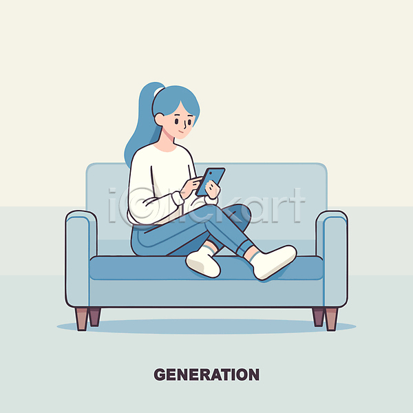 성인 성인여자한명만 여자 한명 AI(파일형식) 일러스트 노마드족 들기 디지털 소파 스마트폰 앉기 전신 캐릭터 파란색