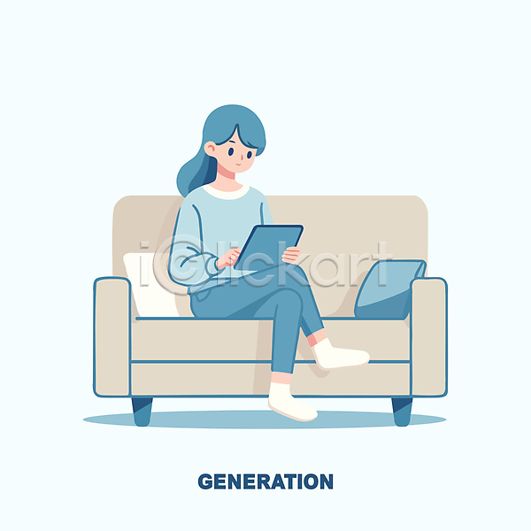 집중 성인 성인여자한명만 여자 한명 AI(파일형식) 일러스트 노마드족 다리꼬기 들기 디지털 소파 시청(보고들음) 앉기 전신 캐릭터 태블릿 파란색