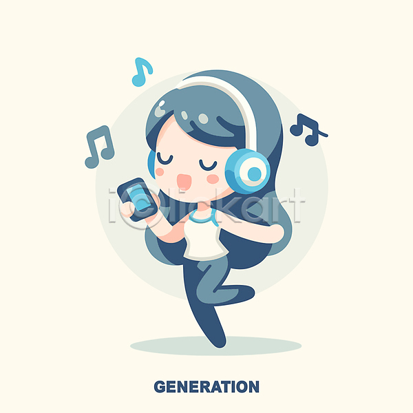 성인 성인여자한명만 여자 한명 AI(파일형식) 일러스트 노래 노마드족 들기 디지털 스마트폰 음악 음표 전신 캐릭터 파란색 헤드셋