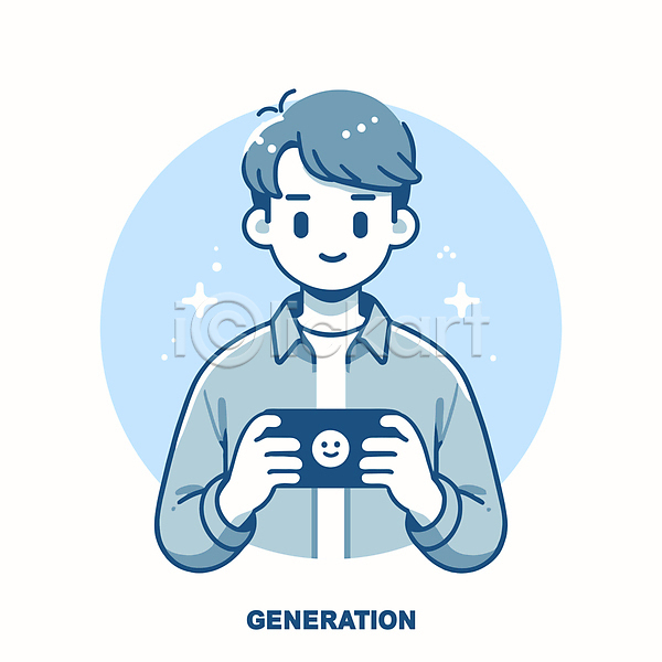 집중 남자 성인 성인남자한명만 한명 AI(파일형식) 일러스트 노마드족 들기 디지털 셔츠 스마트폰 시청(보고들음) 캐릭터 파란색