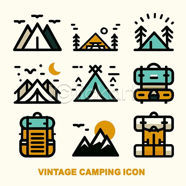 빈티지 사람없음 AI(파일형식) 아이콘 나무 달 라벨 배낭 백패킹 백팩 산 아웃도어 캠핑 캠핑도구 태양 텐트