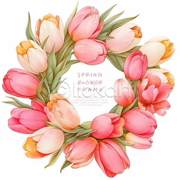 사람없음 PSD 일러스트 디자인 봄 분홍색 잎 장식 튤립 프레임 화사함